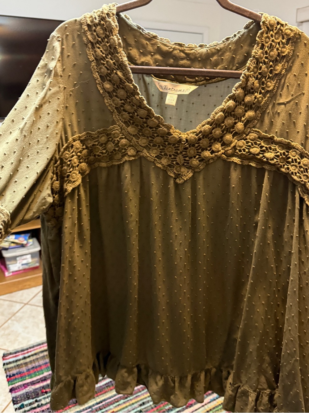 Tantrums Olive Crochet Yoke Peasant Top